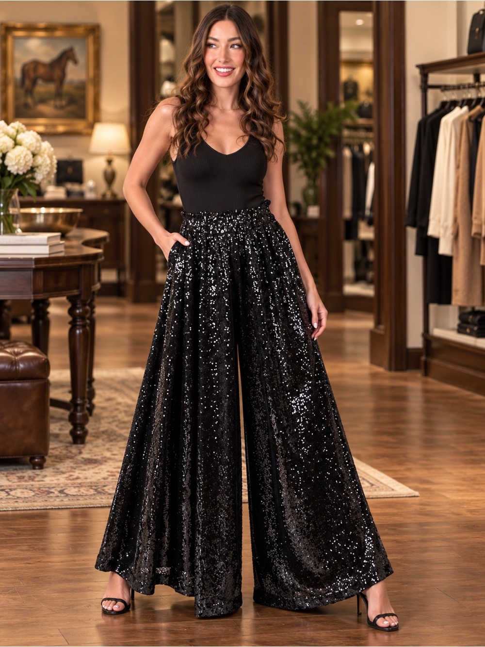 Emily McCarthy XS Sequin Wide-Leg Palazzo Pants - Black NWT